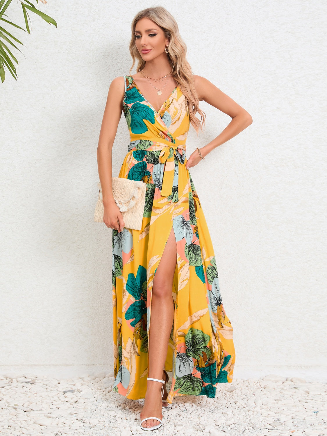 Detailed waist bow on floral slit maxi dress – Voguelle
