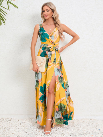 Detailed waist bow on floral slit maxi dress – Voguelle