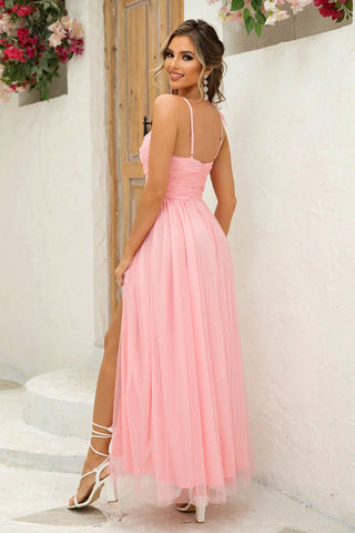 Close-up of ruched bodice and asymmetrical neckline in blue slit dress – Voguelle