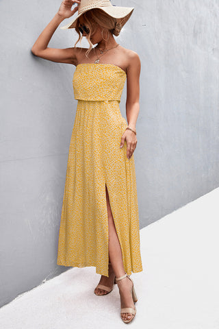 Model in hat strapless maxi dress – Voguelle