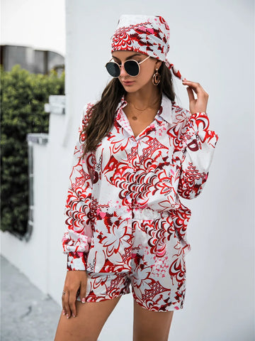 Front view of Printed Button-Up Shirt & Shorts Set in red on model – Voguelle