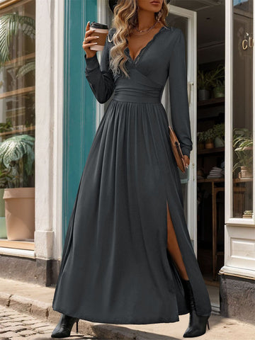 Outdoor look of long sleeve lace V-neck maxi dress with slit – Voguelle