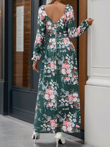 Evening floral maxi dress with V-neck and high slit – Voguelle