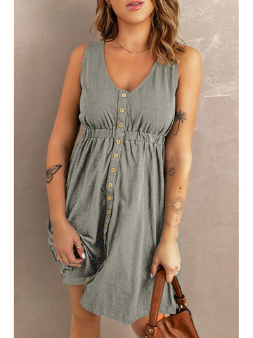 Front walking shot of black sleeveless button down dress – Voguelle
