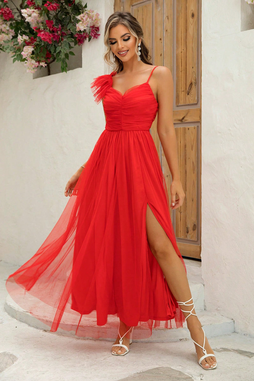 Fashion photo of asymmetrical ruched maxi dress in blue – Voguelle