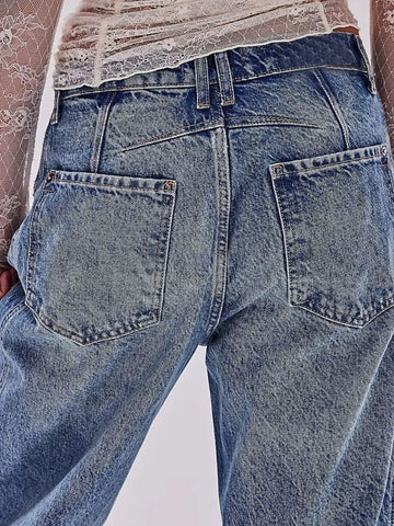 Back view of mid blue high-waisted wide leg jeans – Voguelle