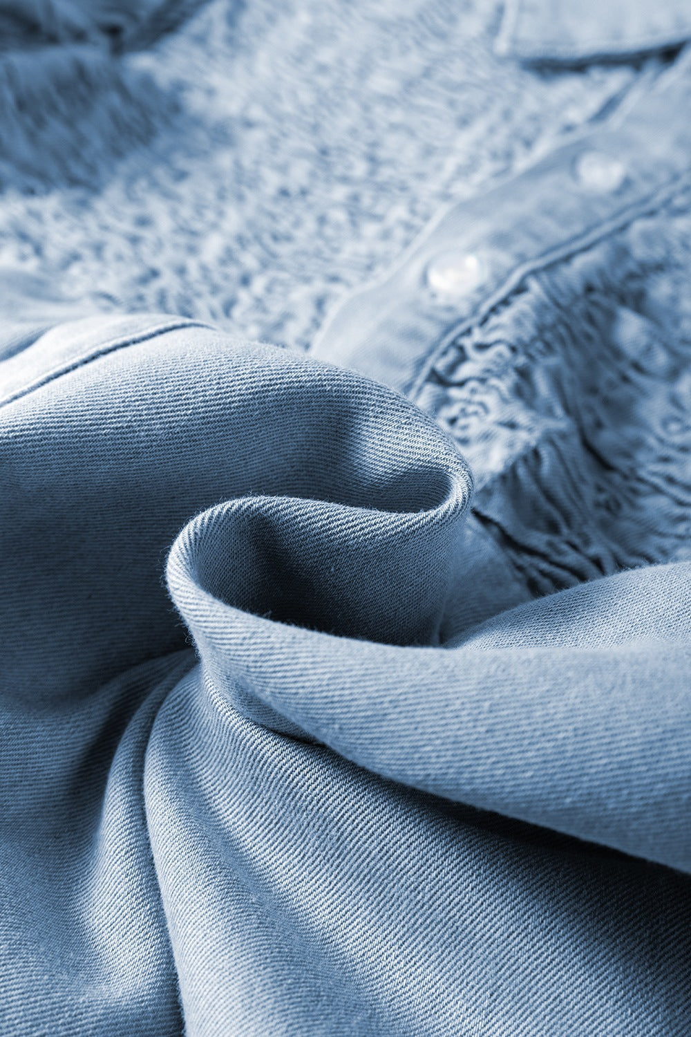 Ruched shoulder and sleeve detail on denim dress – Voguelle