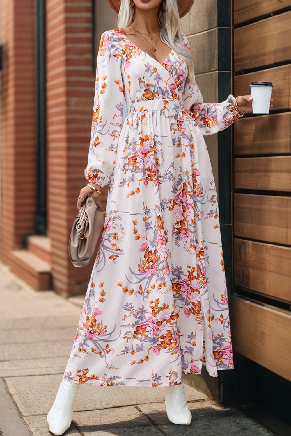 Full-length floral surplice maxi dress with long sleeves – Voguelle