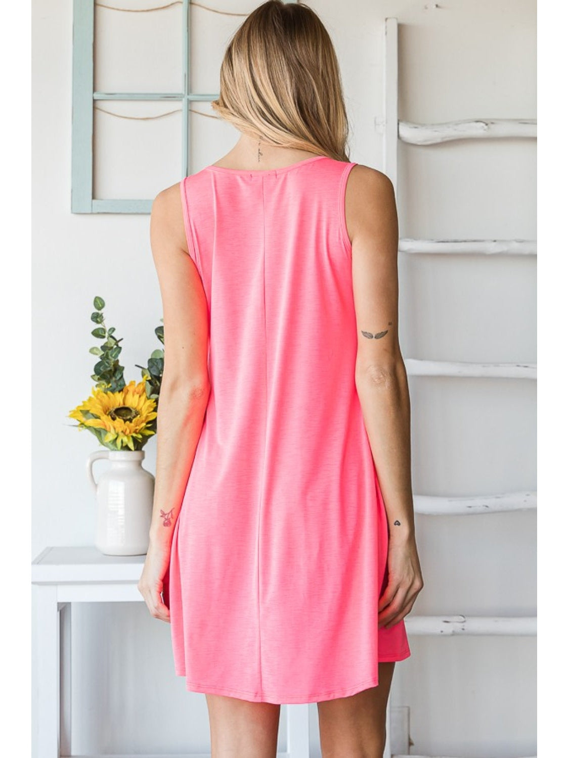 Back view of pink sleeveless V-neck casual tank dress – Voguelle