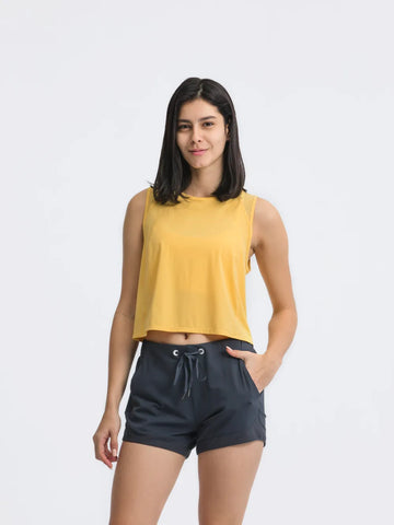 Rear detail of Millennia Cropped Active Tank in yellow – Voguelle