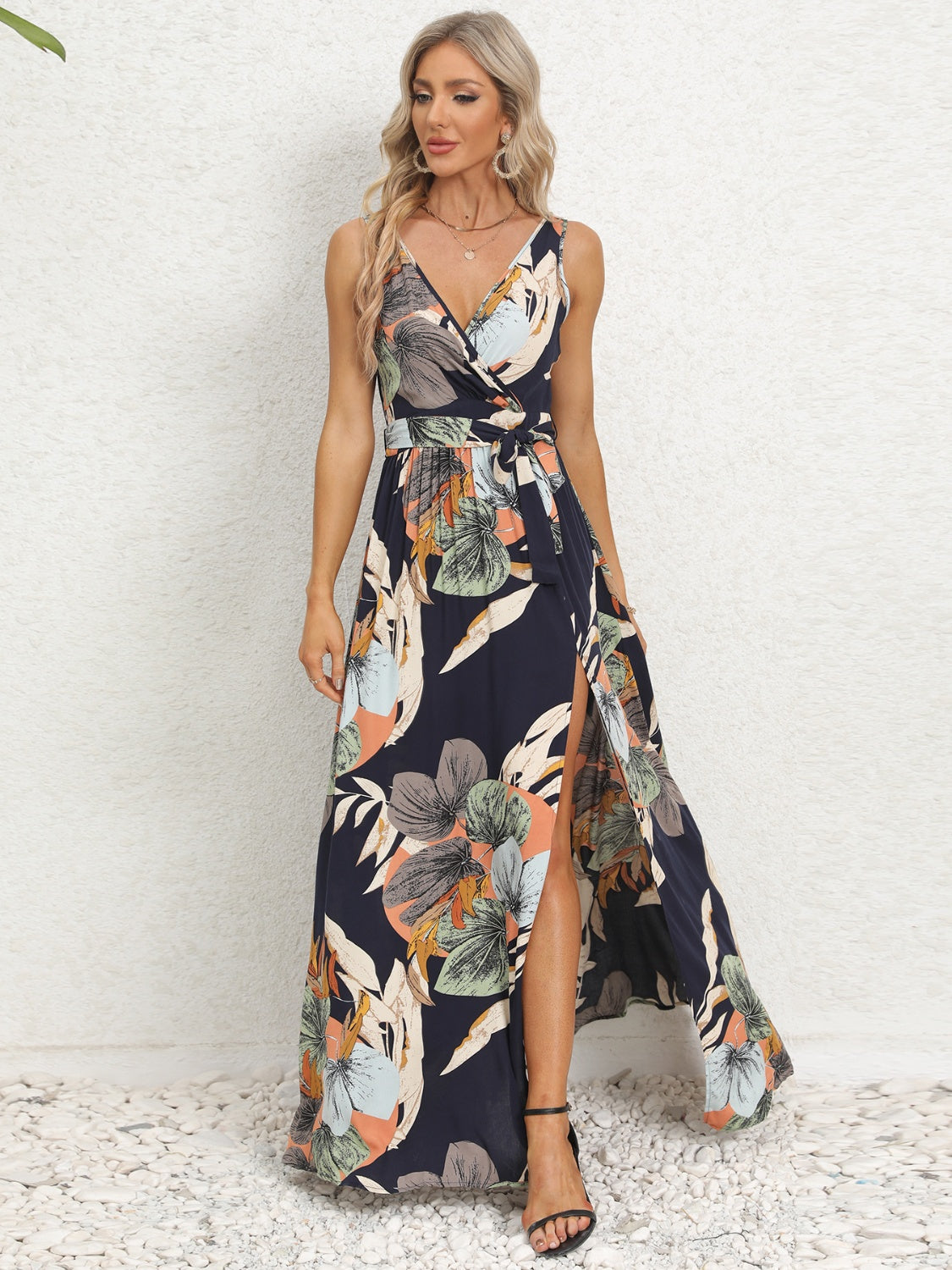 Standing pose in floral tied slit maxi dress – Voguelle