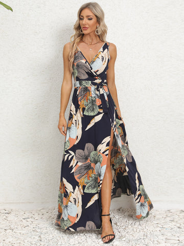 Standing pose in floral tied slit maxi dress – Voguelle