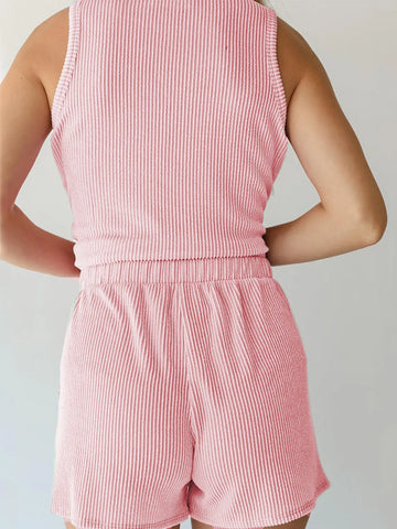 Women’s pink ribbed lounge set with sleeveless top – Voguelle