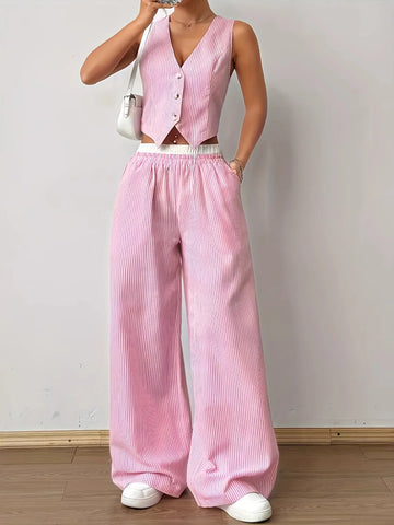 Relaxed fit wide leg striped trousers with cropped vest top – Voguelle