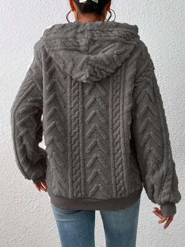 Full body look of model in beige fleece drawstring hoodie – Voguelle