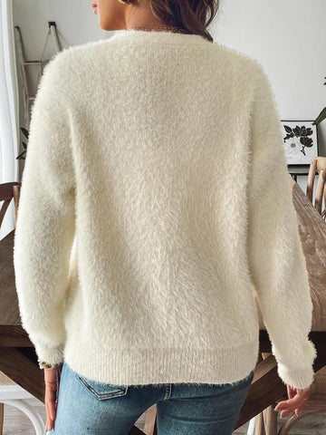 Back view of fuzzy white button-front cardigan – Voguelle