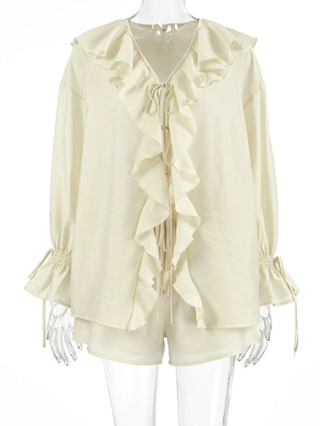 Relaxed fit cream Ruffled V-Neck Shorts with elastic waist – Voguelle