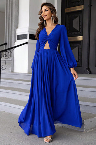 Formal royal blue maxi dress with V-neck twist front design – Voguelle