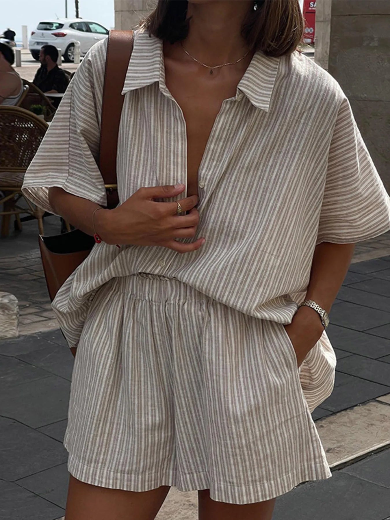 Back view of lightweight striped short sleeve shirt and shorts set – Voguelle