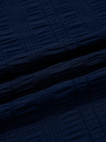 Back detail of shirred waistband on navy high waist shorts – Voguelle