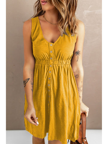 Lifestyle pose in sleeveless button down casual dress – Voguelle