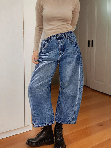 Back view of mid blue high-waisted wide leg jeans – Voguelle
