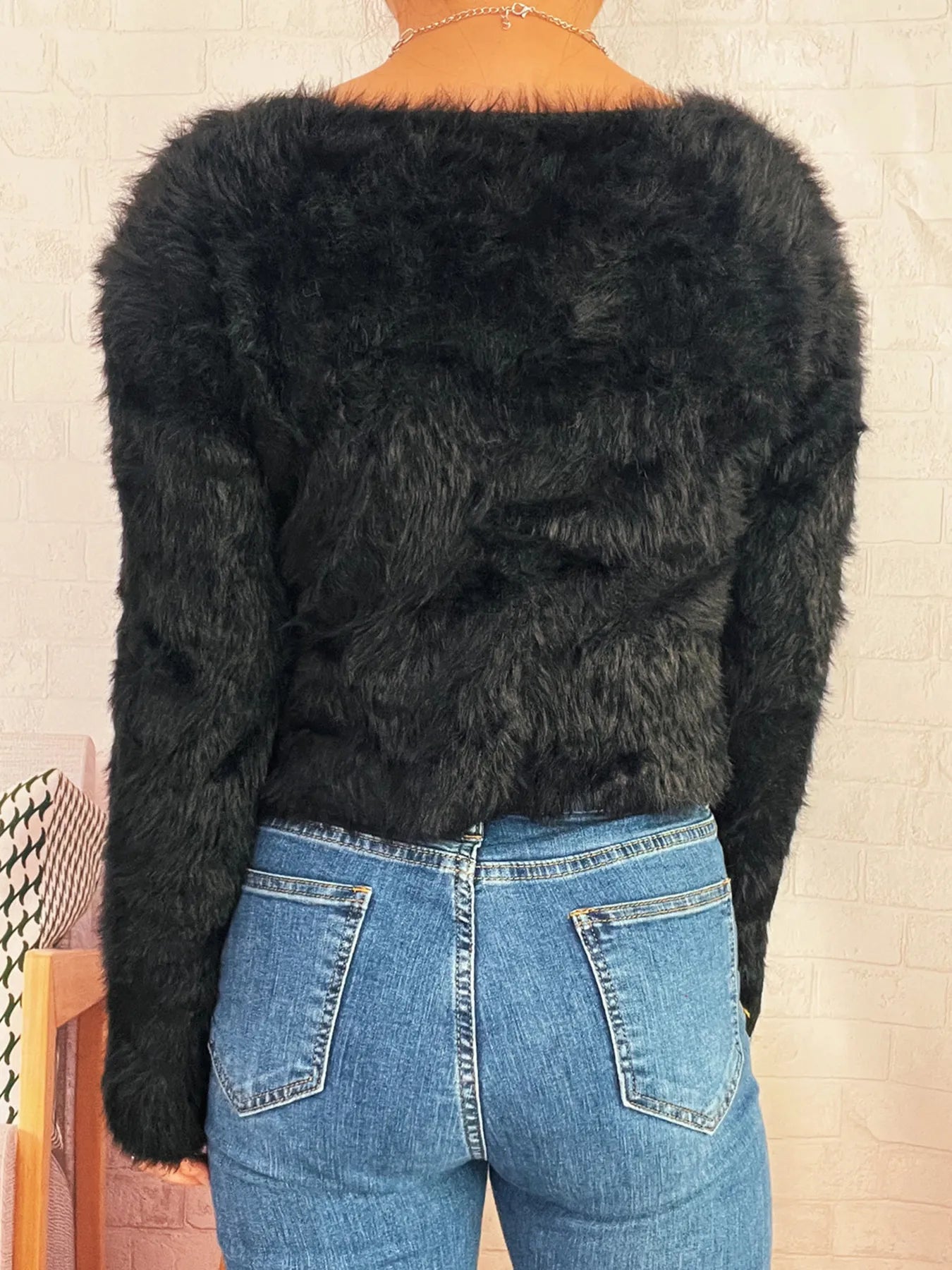 Back view of Fuzzy Heart Shape Button-Up Cardigan in black – Voguelle