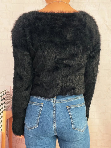 Back view of Fuzzy Heart Shape Button-Up Cardigan in black – Voguelle