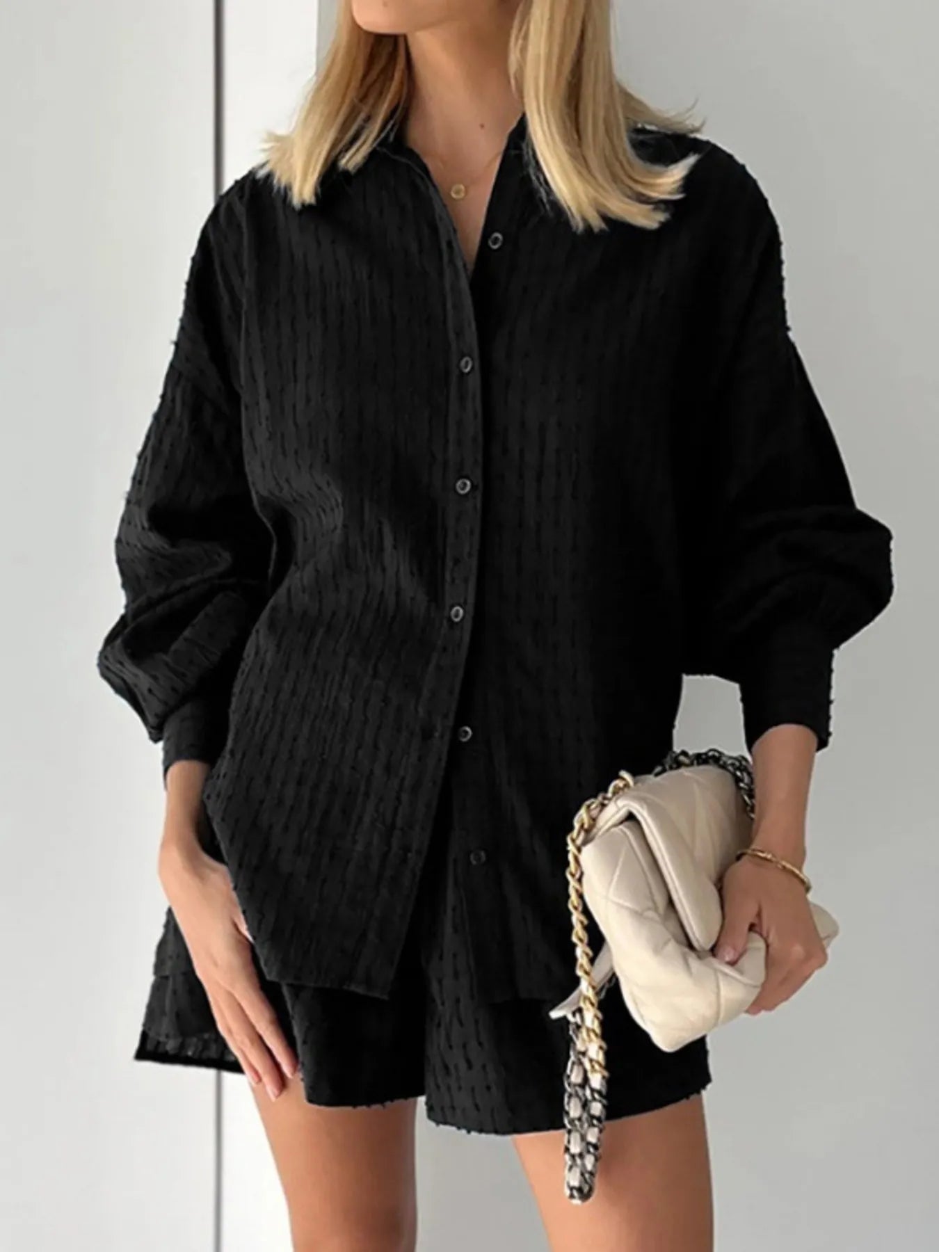 Full outfit view of marigold textured button-up and shorts set – Voguelle