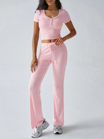 Pink casual ribbed short sleeve buttoned crop top and pants outfit – Voguelle