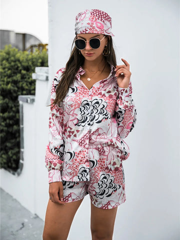 Model wearing pink Printed Shirt & Shorts Set in relaxed pose – Voguelle