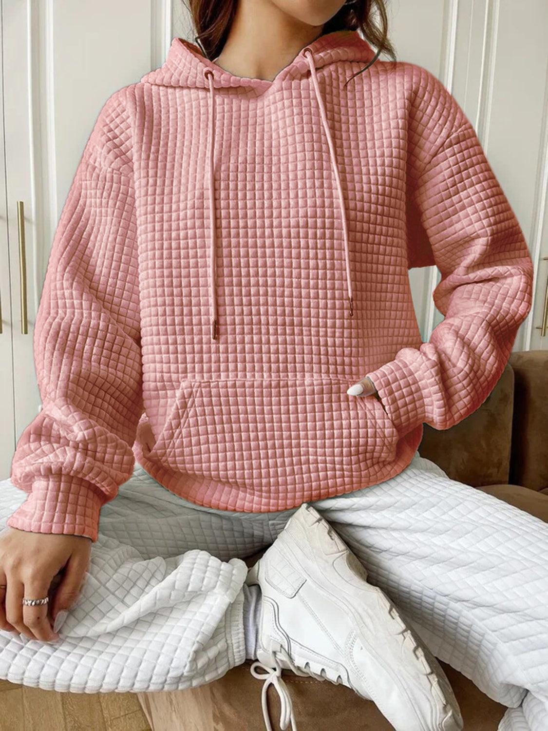 Front angle beige textured hoodie outfit – Voguelle