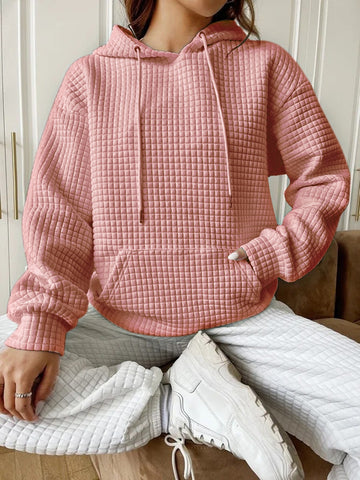 Front angle beige textured hoodie outfit – Voguelle
