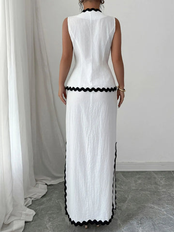 Front view of Contrast Scalloped Trim Sleeveless Top and Maxi Skirt Set in white – Voguelle