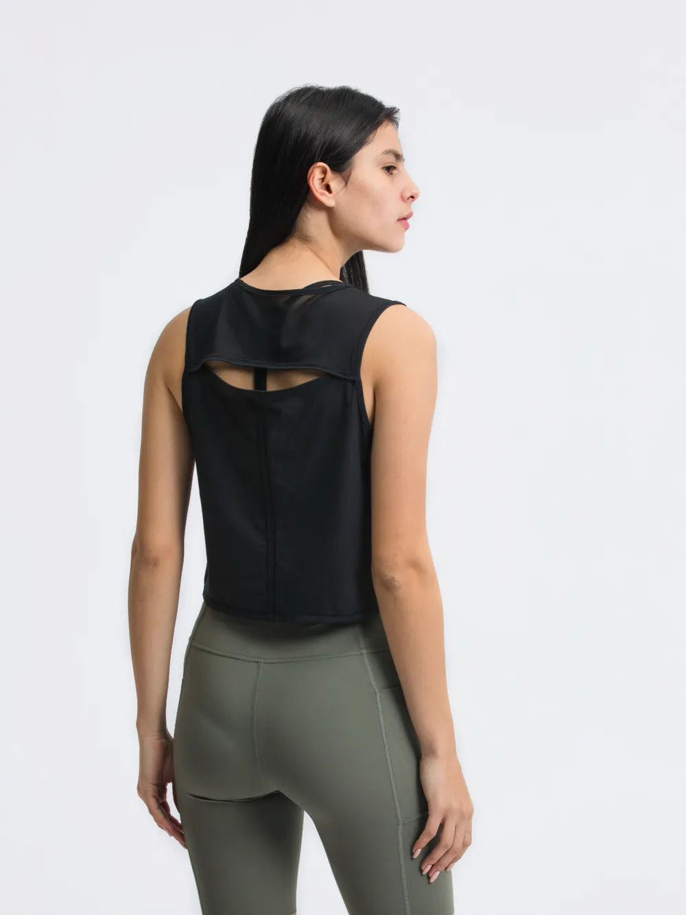 Back detail of Millennia Cropped Active Tank in black – Voguelle