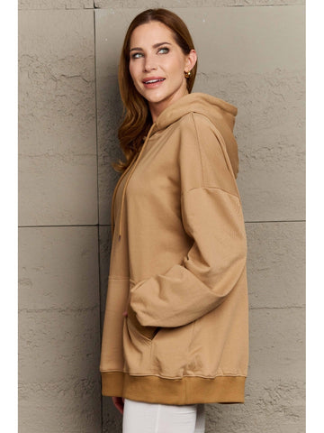Back view of dropped shoulder oversized camel hoodie – Voguelle