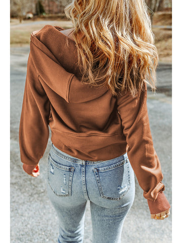 Model wearing casual pink half-zip hoodie with long sleeves – Voguelle