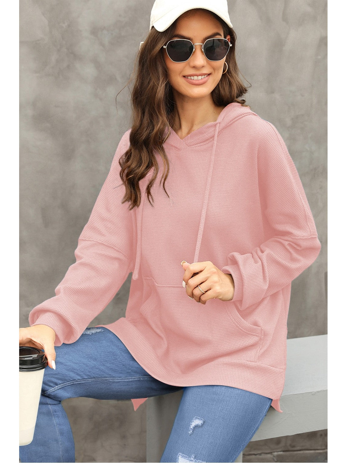 Gray waffle-knit pullover hoodie front detail – Voguelle