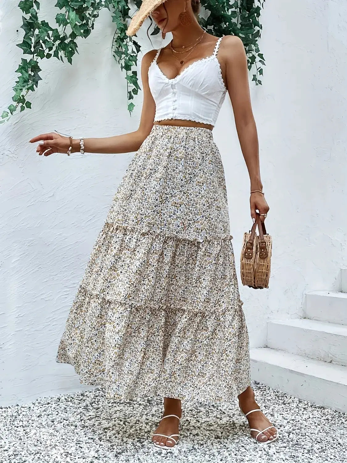 Walking view beige floral tier maxi skirt – Voguelle