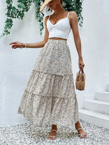 Walking view beige floral tier maxi skirt – Voguelle
