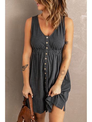 Relaxed pose in black sleeveless button down mini dress – Voguelle