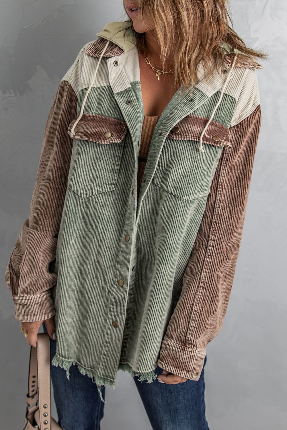 Brown corduroy shacket front – Voguelle