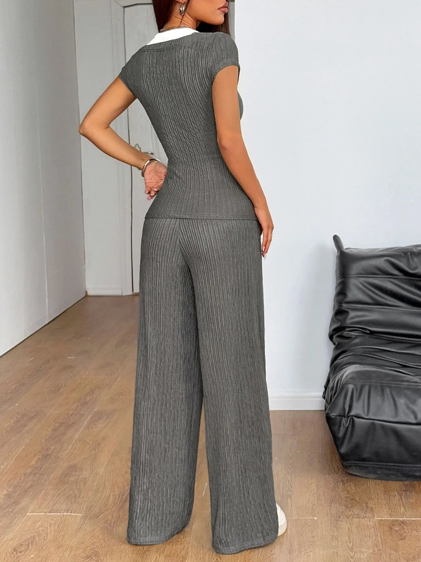 Front view of off-shoulder ribbed short sleeve top with wide-leg pants in gray – Voguelle