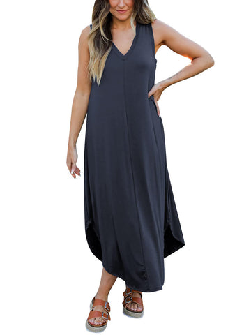 Grey V-Neck Midi Tank Dress front detail – Voguelle
