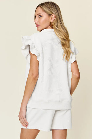 Chic everyday co-ord in cream shorts and flounce sleeves – Voguelle