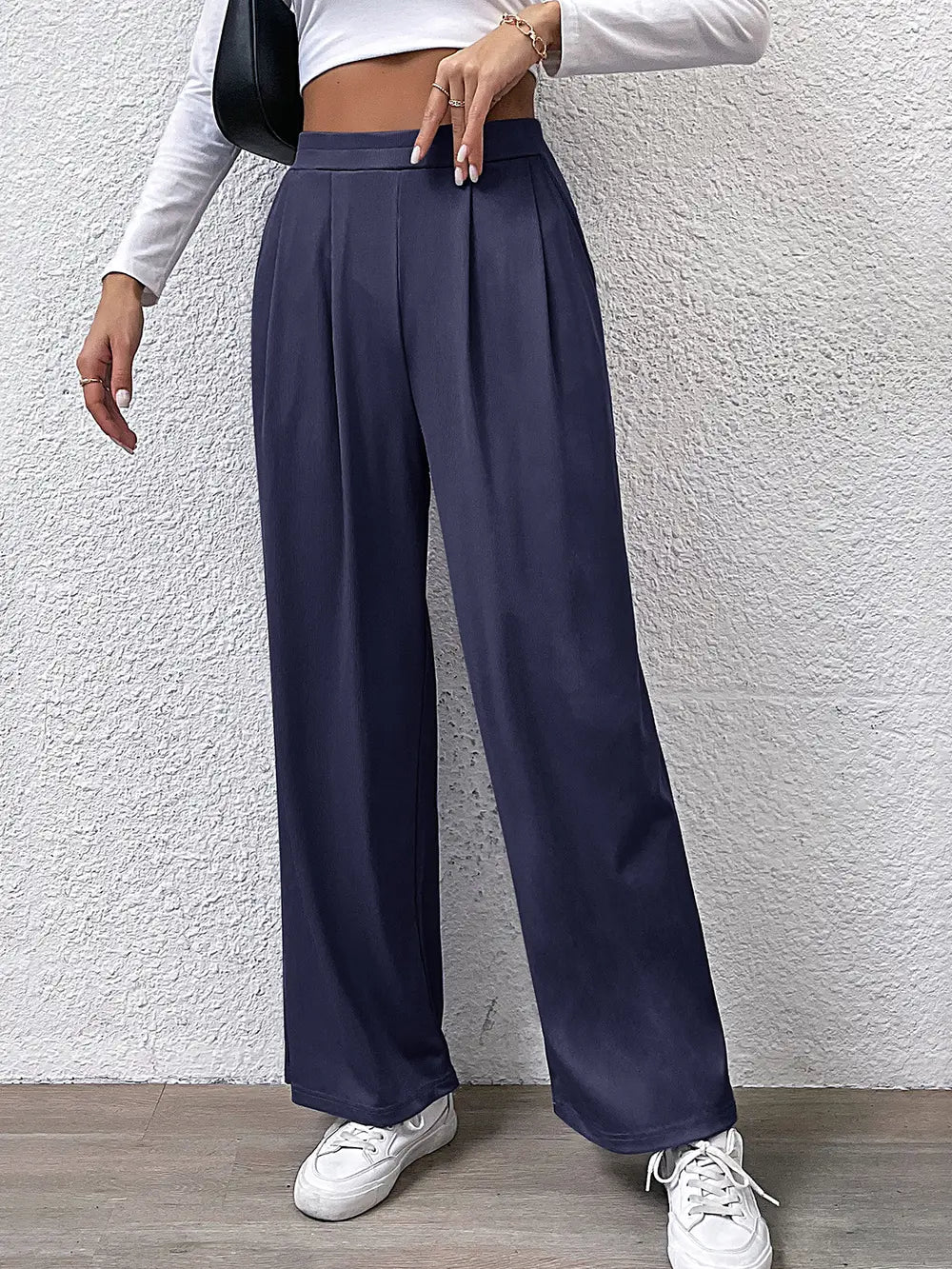 Classic navy wide leg pants with versatile styling – Voguelle