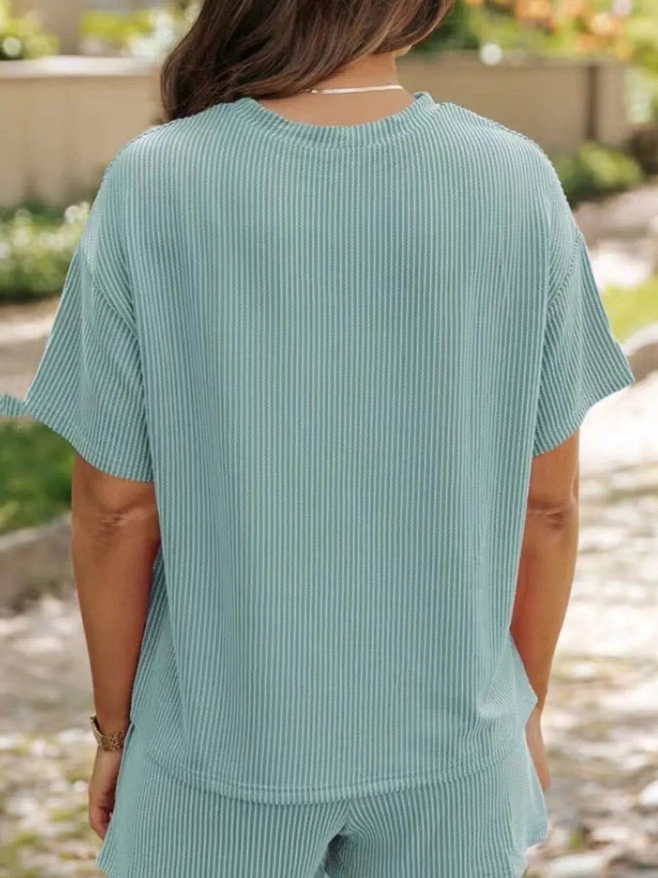 Plus Size Ribbed Short Sleeve Top and Shorts styled for casual summer look – Voguelle
