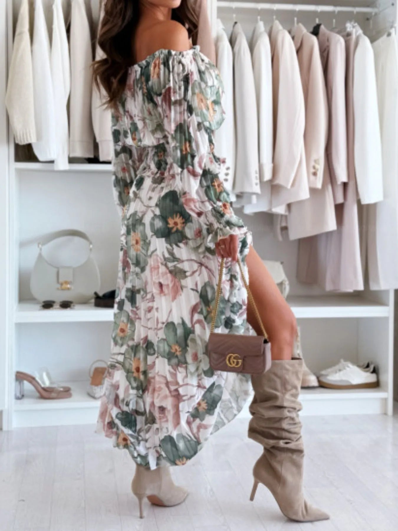 Close-up of floral smocked off-shoulder blouse with ruffle edges – Voguelle