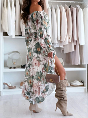 Close-up of floral smocked off-shoulder blouse with ruffle edges – Voguelle