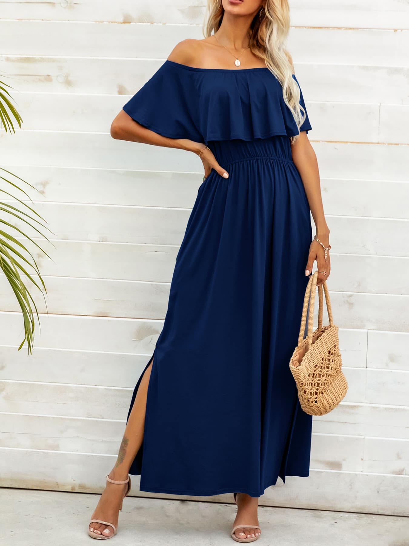 Front view of off-shoulder slit maxi dress in navy blue – Voguelle